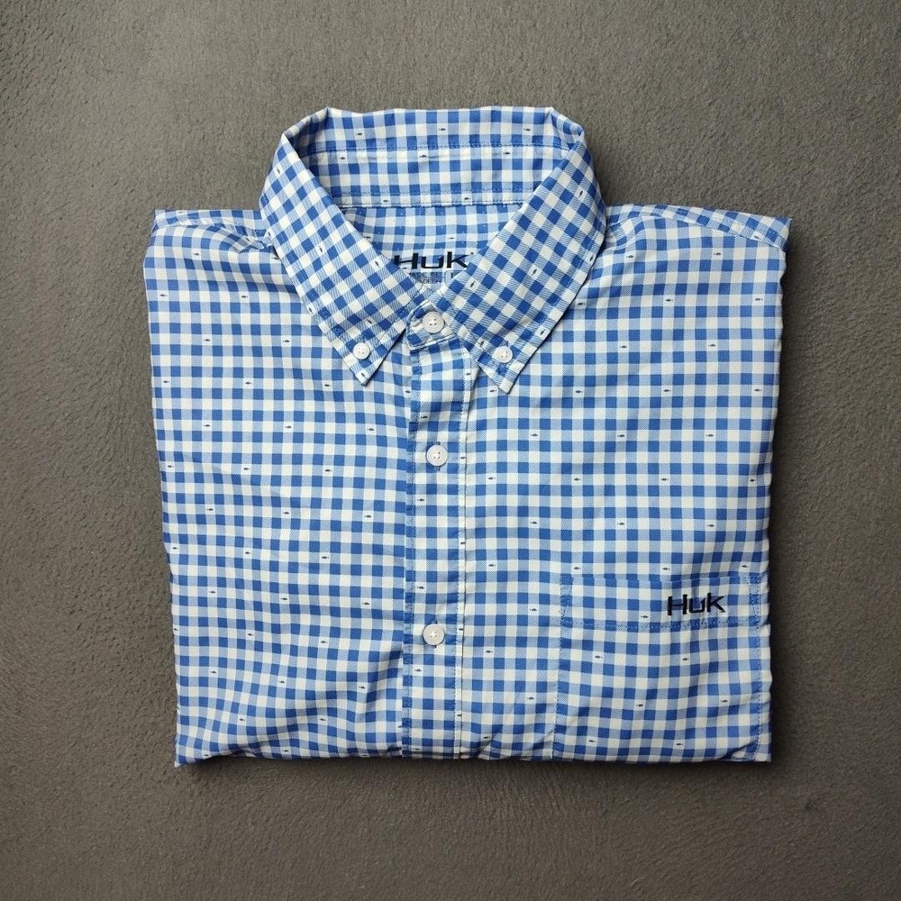 HUK Men’s Large Blue White Gingham Performance Fishing Button Down Shirt